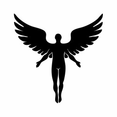 Silhouette of a nude human figure with wings extending upwards in black