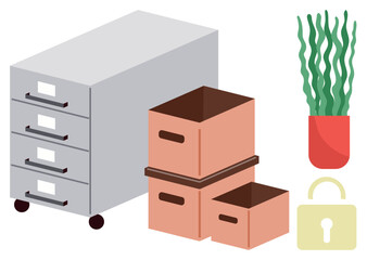 Filing cabinet with drawers, stacked storage boxes, tall green potted plant in red vase, and padlock suggesting organization, workspace, storage, security, office design, inventory and minimalism
