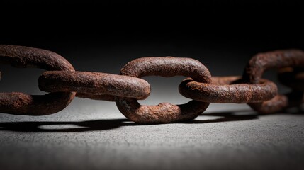 Obraz premium Broken iron chain links on a dark surface, symbolizing liberation and breaking free from constraints.