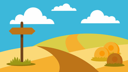 Cartoon Farm Road with Hay Bales and Cloudy Sky