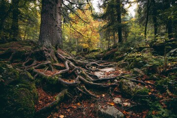 untamed fall woods tangled tree roots in backdrop