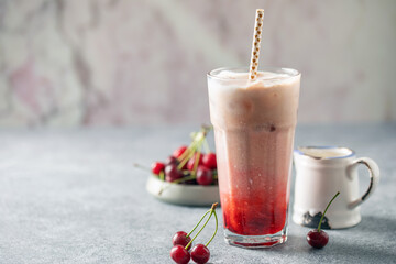 Cherry cola dirty soda in glass. Trending summer drink
