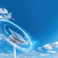 Modern Premium Solar Inverter with Wind Turbine Against Blue Sky Authentic Clean Energy Tech for Millennial Marketing and Advertising Campaigns