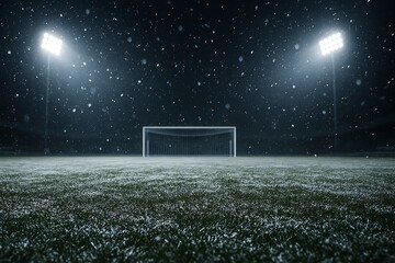 Dramatic, snowy night scene depicting a soccer field illuminated by stadium lights and a goal
