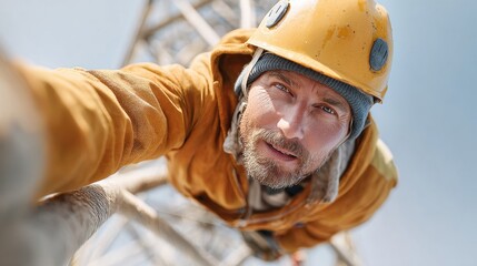 Professional Telecom Tower Worker in Safety Gear High-Quality Industrial 5G Maintenance Scene for Modern Infrastructure Marketing Campaigns