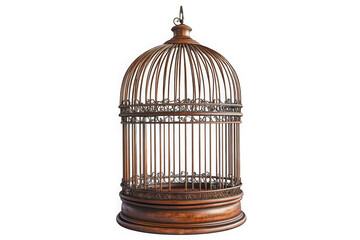 Antique wooden bird cage vintage style decor element detailed design ornate carvings isolated on transparent background