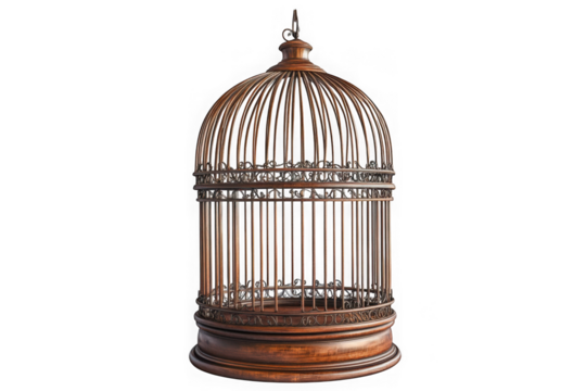 Antique wooden bird cage vintage style decor element detailed design ornate carvings isolated on transparent background