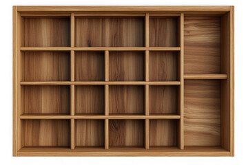 Wooden display shelf organizer box with multiple compartments, storage cabinet for collectibles and small items, isolated on transparent background