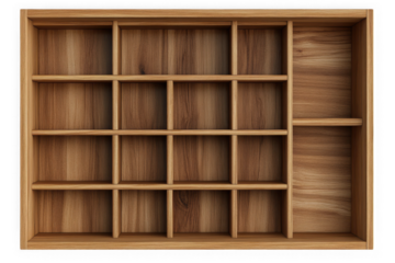 Wooden display shelf organizer box with multiple compartments, storage cabinet for collectibles and small items, isolated on transparent background