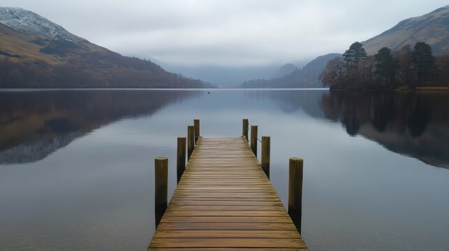 A stunning lake with a wooden pier extending into the calm waters - Powered by Adobe