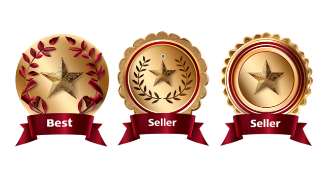 A set of golden award badges with stars and ribbons, ideal for recognizing the best sellers and celebrating achievements isolated on transparent background