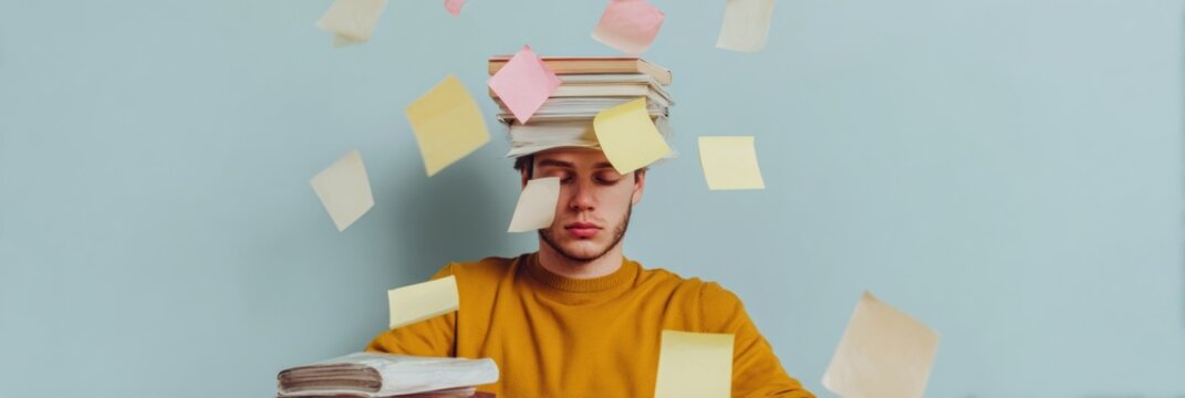 High-Quality Overwhelmed Student with Sticky Notes and Books Balancing on Head Authentic Education Stress and Productivity Content for Gen Z Marketing Campaigns