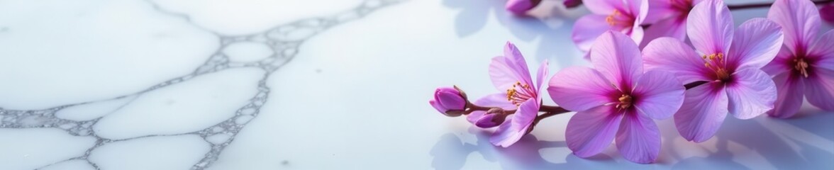 Obraz premium Delicate purple blooms on cool marble; ample space , image, spring, spring flowers