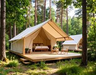 Rustic canvas tent in a forest setting