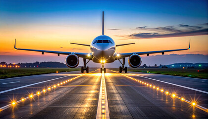 Commercial airplane taxiing on illuminated runway at dusk with clear twilight sky and distant landscape creating peaceful and vibrant atmosphere