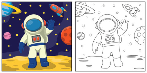Cute astronaut in space planet around outline vector for children coloring page or book design. © styo
