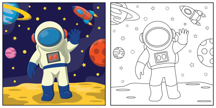 Cute astronaut in space planet around outline vector for children coloring page or book design.