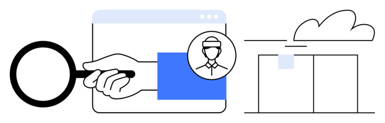 Magnifying glass highlighting user profile with hand managing data window and cloud in the background. Ideal for data security, analysis, identity verification, cloud computing, user engagement