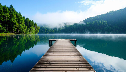 Obraz premium Wooden pier lake forest reflection mist sky water nature landscape tranquil scene calm water green trees peaceful outdoor serene fog blue sky wooden dock natural environment scenic view morning