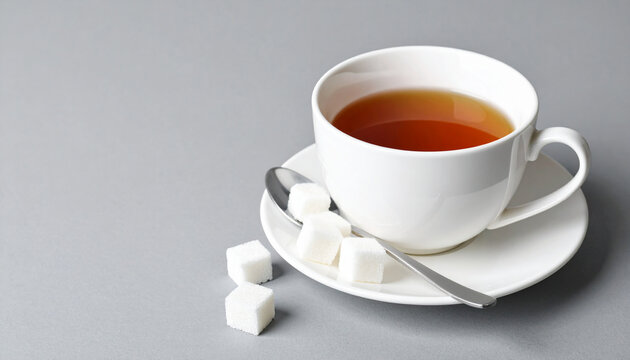 White teacup filled with hot tea on white saucer with spoon and sugar cubes on clean grey surface, creating calm and inviting atmosphere for relaxing moment