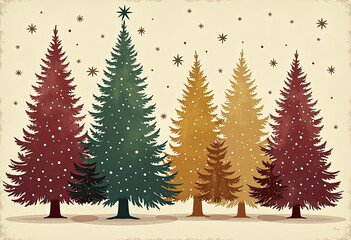 Obraz premium Embrace Festive Charm: Whimsical Holiday Illustration Featuring a Forest of Colorful Christmas Trees in Green, Red, and Gold, Adorned with Snowflakes and a Star, Perfect for Seasonal Decor. 