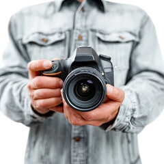 Fototapeta premium A Photographer Holding DSLR Camera Ready to Capture Stunning Moments