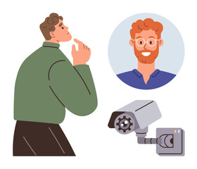 Man observing security camera feed on a circular screen featuring a mans profile. Ideal for surveillance, observation, identity, security, monitoring, technology, facial recognition concepts. Simple