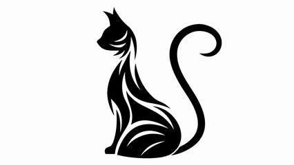 Silhouette of a stylized black cat sitting with a curled tail and decorative fur markings design element