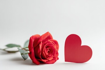 White background featuring a red heart and rose symbolizing Valentine s Day