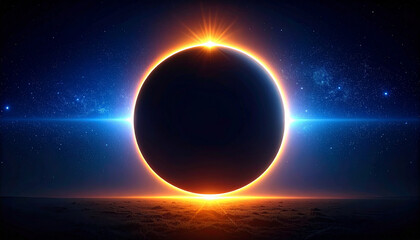 Obraz premium Solar eclipse with glowing corona and bright light rays in dark space, creating mysterious and symmetrical cosmic scene with stars and horizon glow
