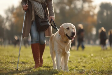 Blind woman with white cane and service dog in park
