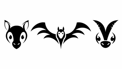 Illustration showing a squirrel, a bat with open wings, and a goat head in black and white style