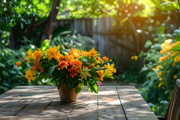 Bright Yellow Orange Flower Bouquet in Pot on Rustic Wooden Table in Sunlit Garden