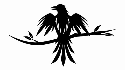 Silhouette of a raven perched on a branch with leaves spreading its wings in black and white style