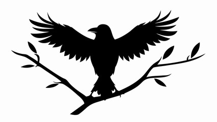 Black silhouette of a crow perched on a branch with outstretched wings against a white background scene