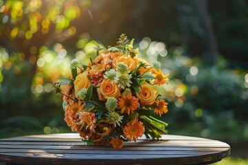 Bright Orange and Yellow Flower Bouquet on Wooden Table in Sunlit Garden