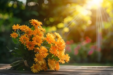 Bright Yellow Flower Bouquet in Sunlit Garden Outdoor Scene