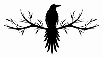 Silhouette of a raven perched on a bare branch with detailed feathers and stark black and white contrast design