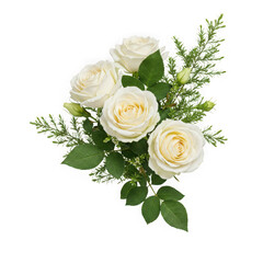 A classic bouquet of white roses with greenery isolated on transparent background