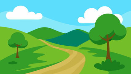 Obraz premium Cartoon Nature Path Through Green Hills