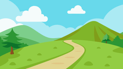 Cartoon Nature Path Through Green Hills