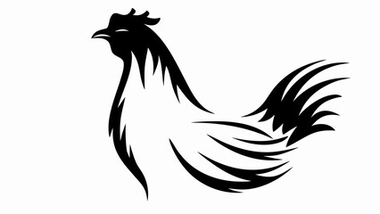 Stylized black and white rooster illustration with sharp lines and a distinctive tail feather design