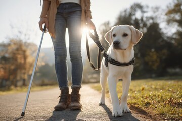 Blind woman with white cane and service dog in park