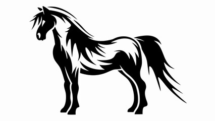Stylized black horse with flowing mane and tail standing on a white background design element
