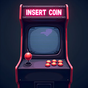 Retro arcade machine featuring a curved CRT screen with visible scan lines. The phrase "INSERT COIN" is displayed in bright neon at the top.