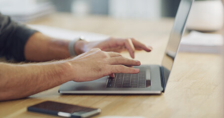 Laptop, business and hands typing in office for email, report or content writing on internet....