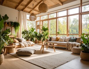 Sunny living room with plants and wood beams