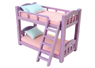 A miniature purple plastic bunk bed with pink mattresses and blue pillows isolated on transparent background