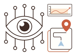 Central eye with connected nodes for tech focus, graph showing trends, and map pinpointing location. Ideal for innovation, analytics, vision, trends, data navigation and tracking. Simple flat