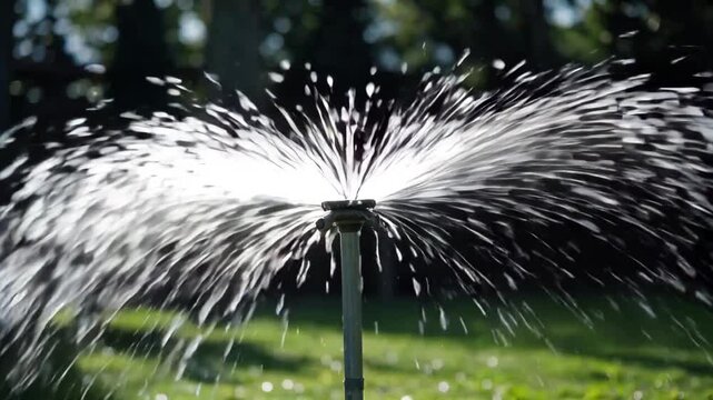 arafed sprinkle of water on a lawn with trees in the background